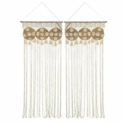 TOILINUX Lot De 2 Rideaux De Fils Détails Macramé Et Pompons - 90 X 200 Cm - Beige