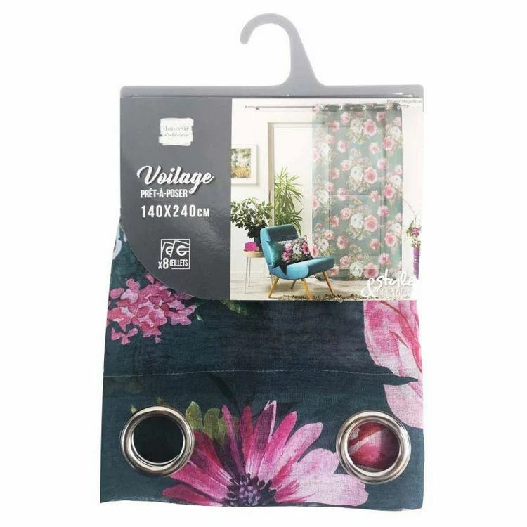 Paris Prix Rideau Voilage à Œillets Flower Life 140x240cm Pétrole 5 Paris Prix Rideau Voilage à Œillets Flower Life 140x240cm Pétrole – Image 3