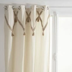 TOILINUX Lot De 2 Rideaux Carmen à Pompons En Jute - 140 Cm X 260 Cm - Beige
