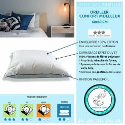 LINGE DES FAMILLES Oreiller Moelleux 60x60 - Effet Duvet - Propriétés Mémoire De Forme - Qualité Hôtellerie -Auchan Boutique B2CD 6710