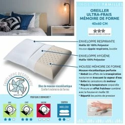 LINGE DES FAMILLES Oreiller Mémoire De Forme 40x60 - Soutien Moelleux - Ultra Frais & Respirant - Housse En Maille 3D -Auchan Boutique B2CD 6773