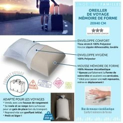LINGE DES FAMILLES Oreiller De Voyage Mémoire De Forme 40x20 Cm - Moelleux Et Léger - Livré Avec Housse De Rangement -Auchan Boutique B2CD 6852
