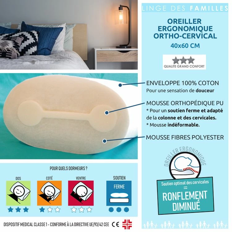 LINGE DES FAMILLES Oreiller Ergo Cervical 40x60 - Dispositif Médical Classe 1 - Ronflement Diminué, Soulage Dos + Nuque 6 LINGE DES FAMILLES Oreiller Ergo Cervical 40x60 - Dispositif Médical Classe 1 - Ronflement Diminué, Soulage Dos + Nuque – Image 4