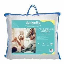 DUNLOPILLO Lot De 2 Oreillers Fermes Et Naturels En Plumettes Neuves Et Coton Sergé Traités Anti-acariens